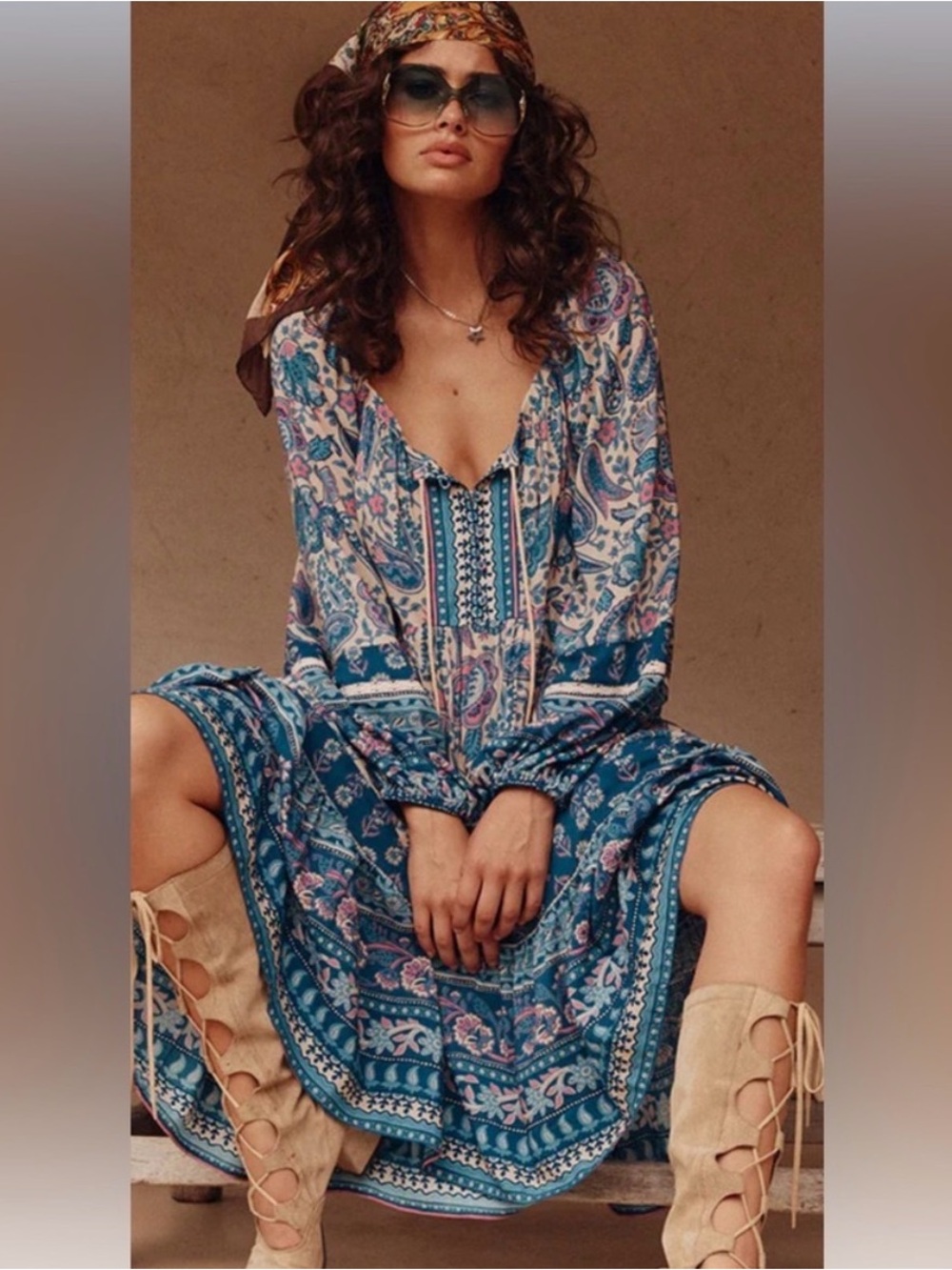 Spell Starlet Boho Gown: Teal Blue Paisley V-Neck Midi Dress